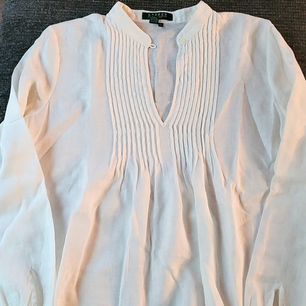 Ralph Lauren white linen tunic, pin tuck front, NEW size L!